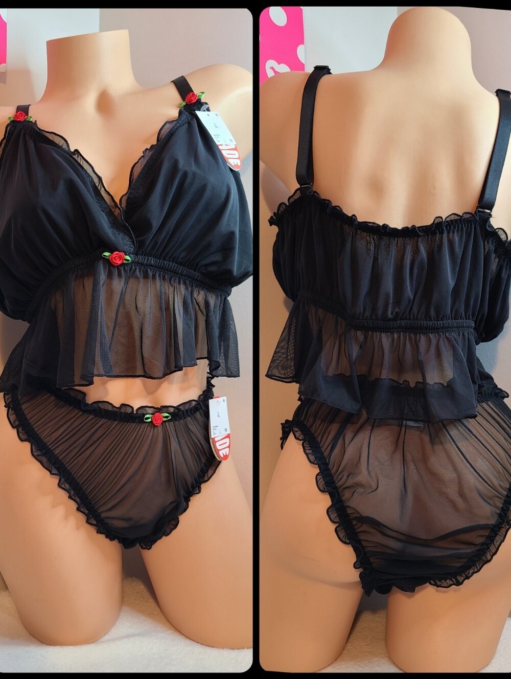 Parade Silky Sheer Mesh Ruffle Rosette Bralette & Panty Set Size XL